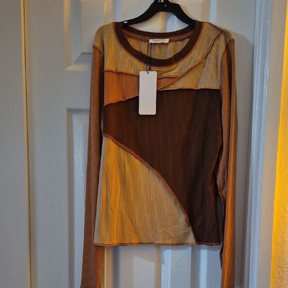 💲1️⃣0️⃣ BundledRib Knit Top Colorblock Long Sleeve Exposed Seams Y2K Trend Sz M - Picture 4 of 9